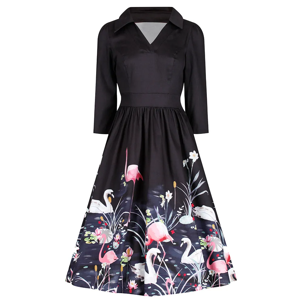 Black 3/4 Sleeve Swan and Flamingo Print 50s Swing Tea Dress