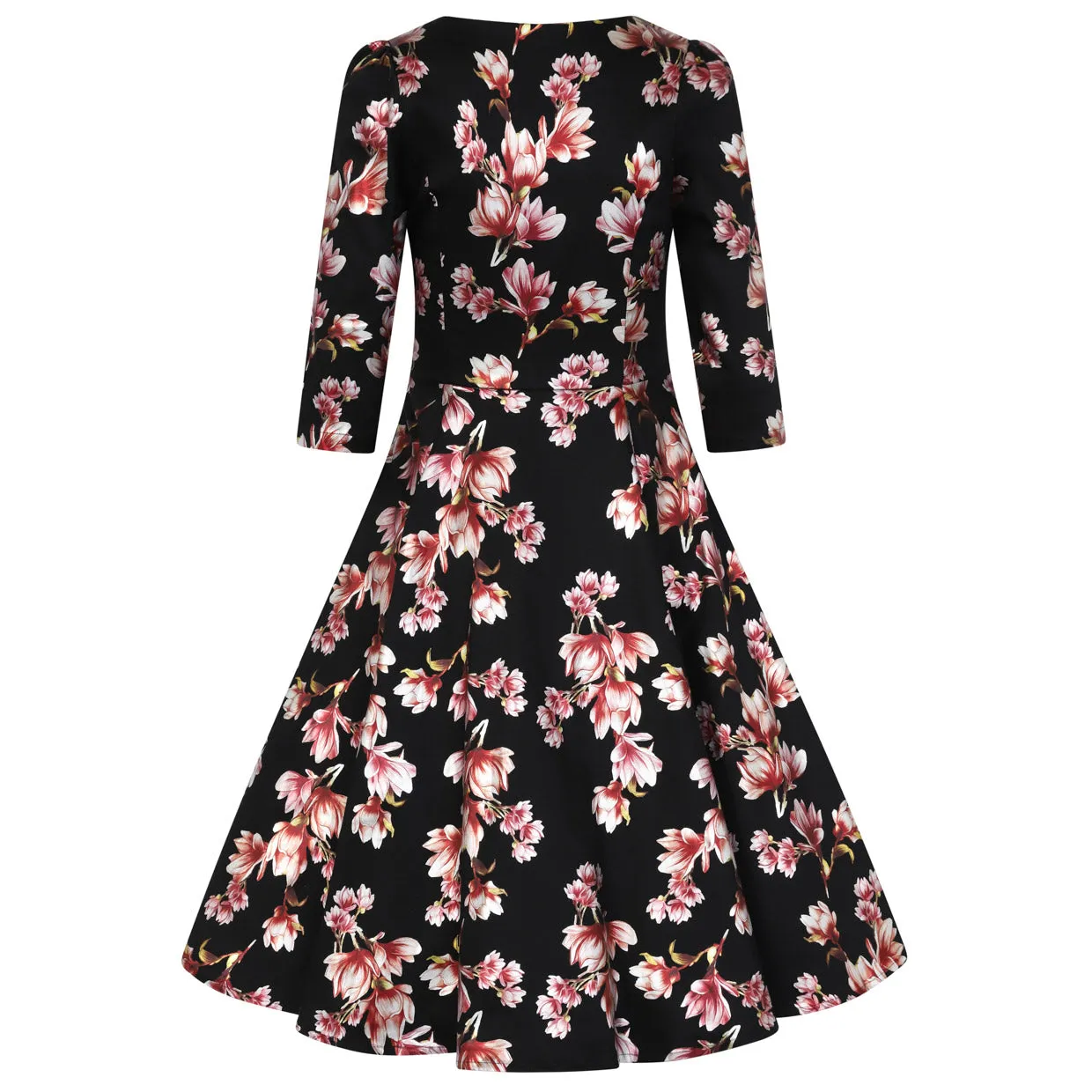 Black & Gold Floral Print 3/4 Sleeve Sweetheart Neck 50s Swing Dress