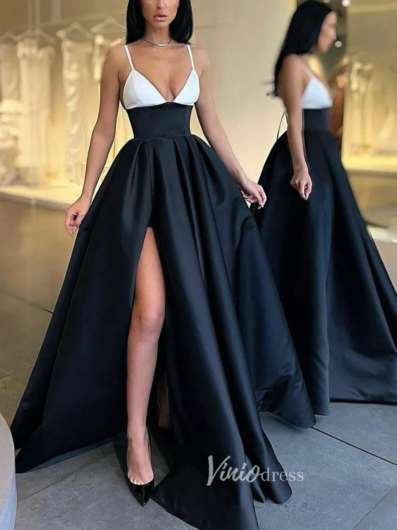 Black & White Satin Prom Dresses with Slit Simple Evening Dress FD3071