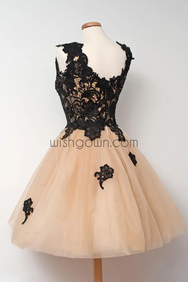 Black Applique Lace Champange Lovely Cheap Short Homecoming Dresses, WG807