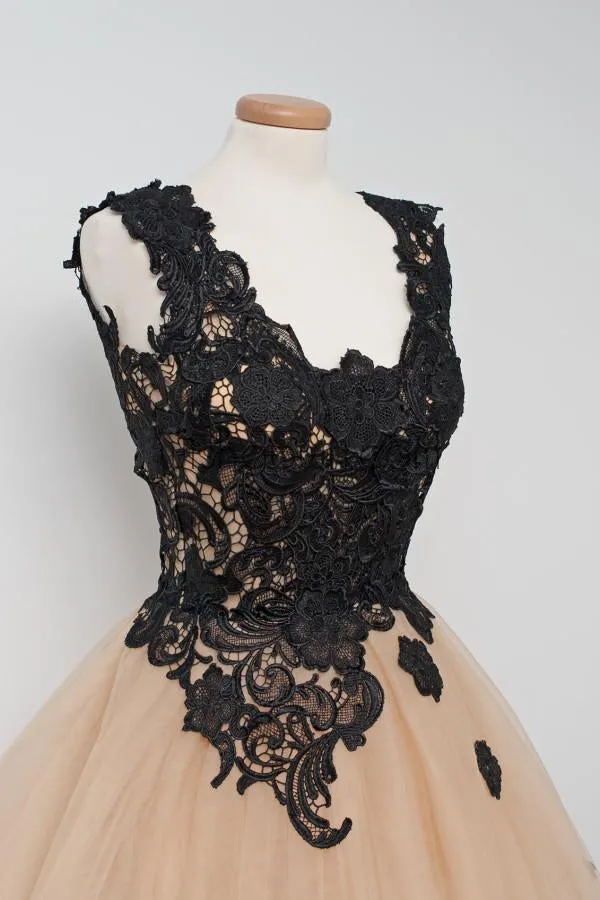 Black Applique Lace Champange Lovely Cheap Short Homecoming Dresses, WG807