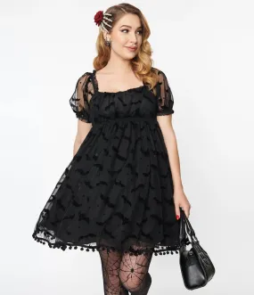 Black Bat Flock Print Babydoll Belle Dress