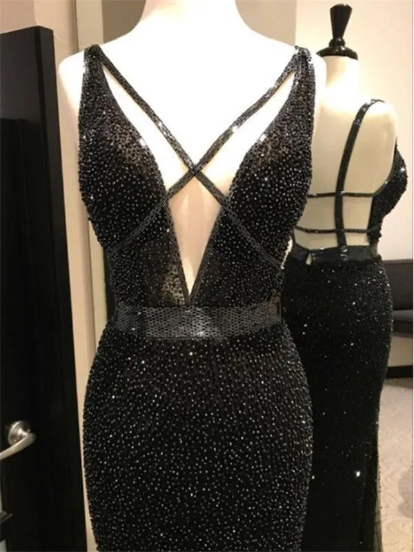 Black Beaded Prom Dresses, Side Slit Prom Dresses, Long Prom Dresses, Cheap Prom Dresses, BG0400