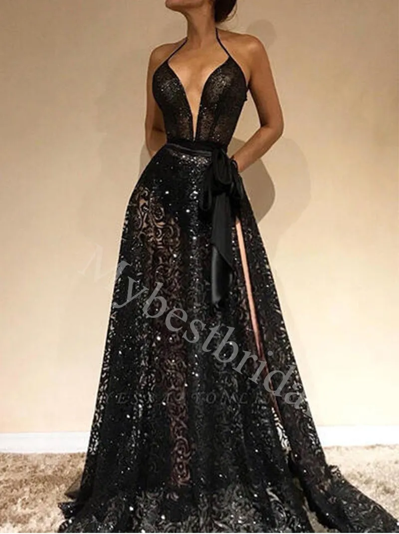 Black Elegant Halter Sleeveless Side slit A-line Prom Dresses,PDS0837