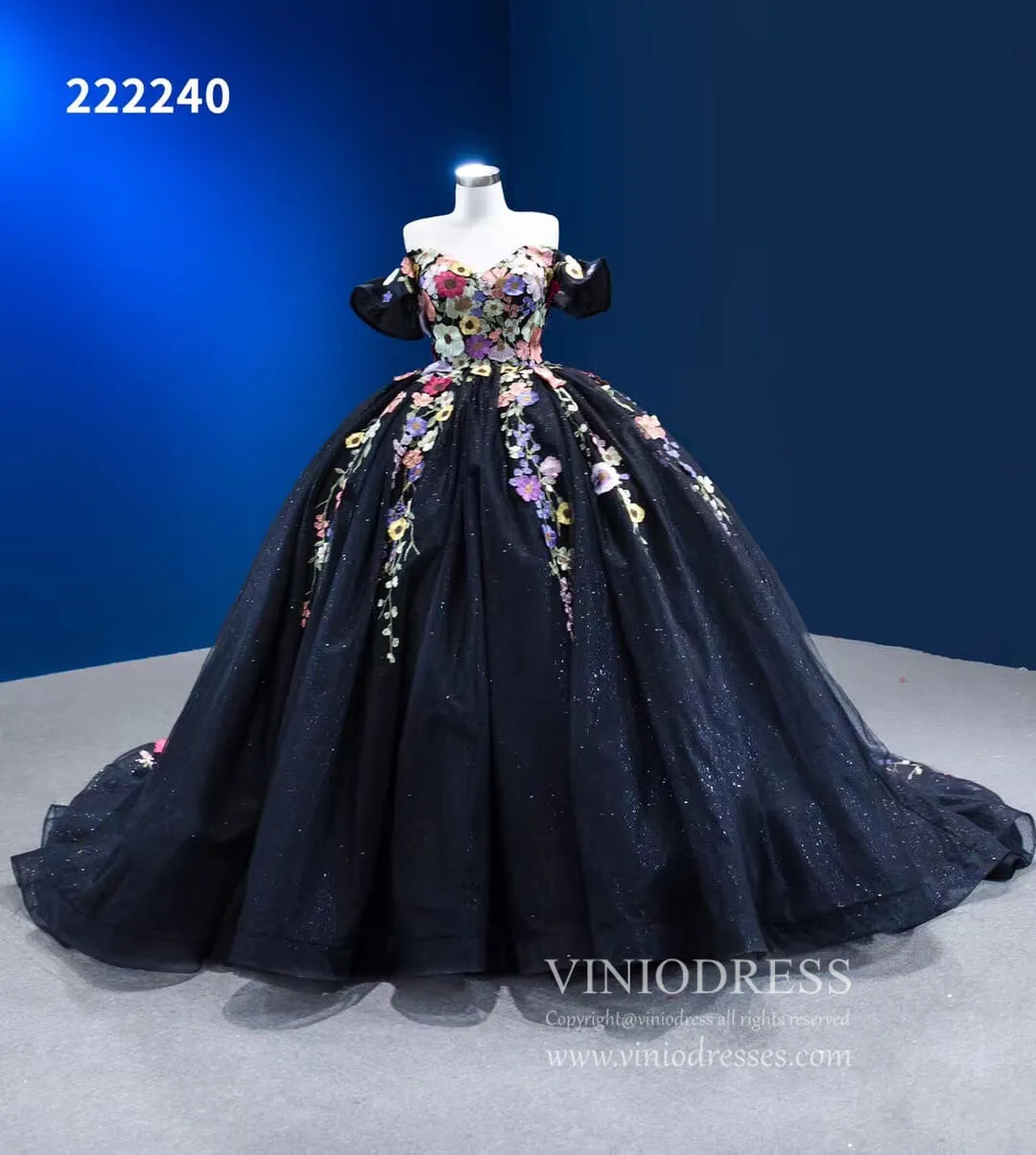 Black Floral Ball Gown Wedding Dress Off the Shoulder Sweet 16 Dress 222240