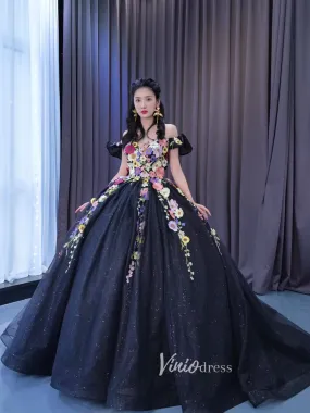 Black Floral Ball Gown Wedding Dress Off the Shoulder Sweet 16 Dress 222240