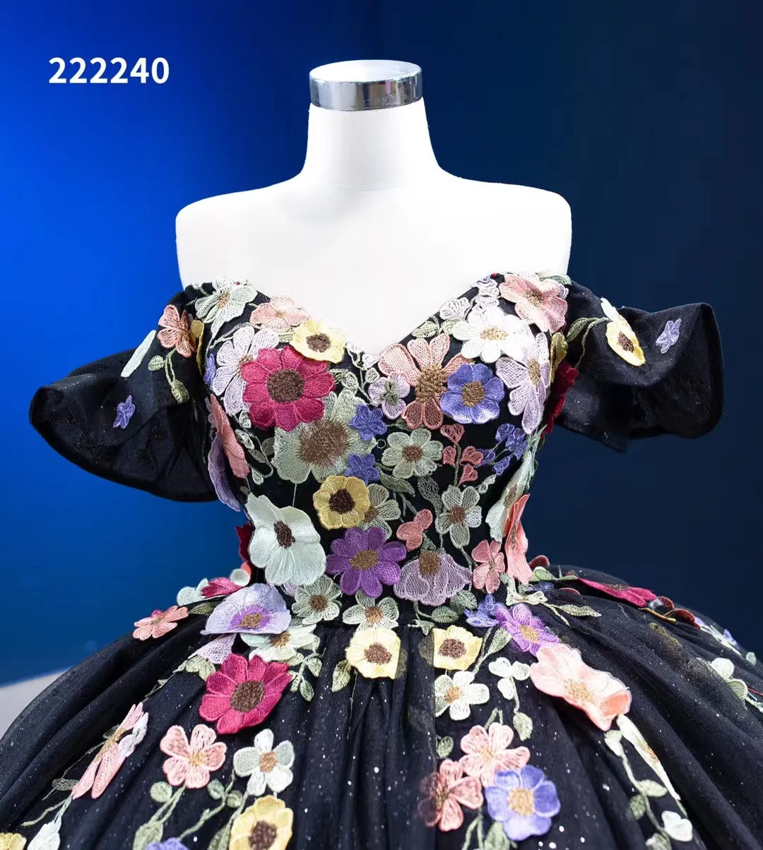 Black Floral Ball Gown Wedding Dress Off the Shoulder Sweet 16 Dress 222240