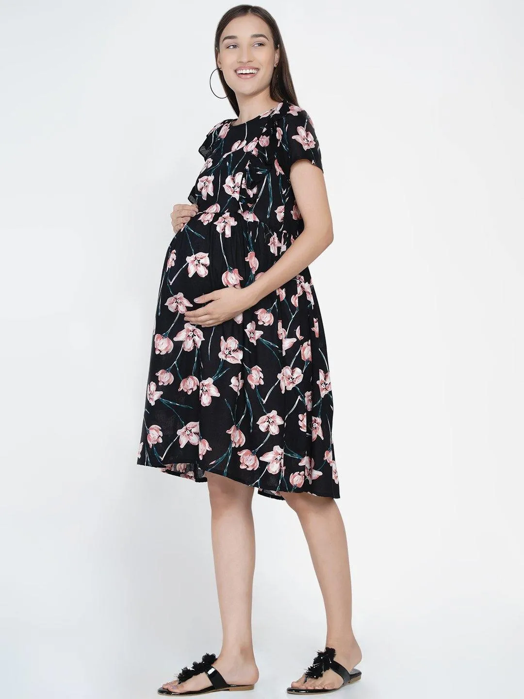 Black Floral Print Maternity and Nursing Midi Dress