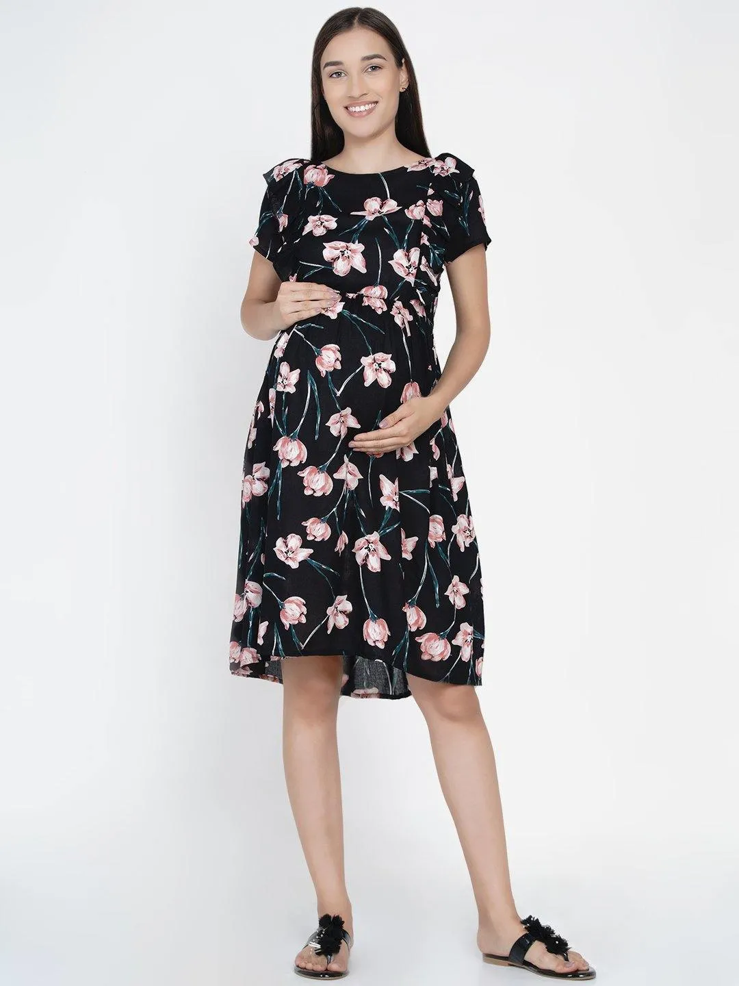 Black Floral Print Maternity and Nursing Midi Dress