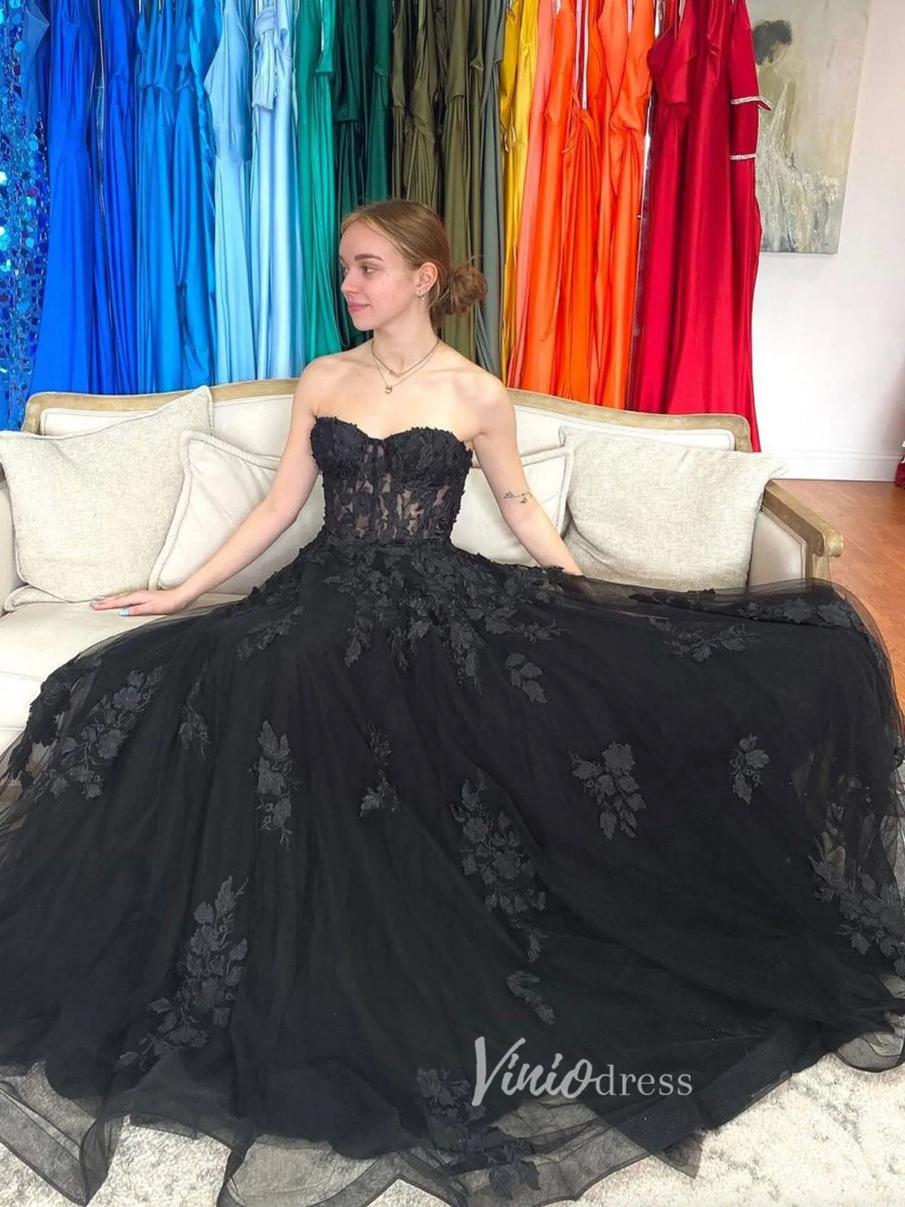 Black Lace Applique Prom Dresses Strapless Evening Dress FD3086