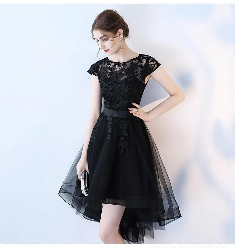 Black Lace Cap Sleeves High Low Cheap Homecoming Dresses Online, Cheap Short Prom Dresses, CM800