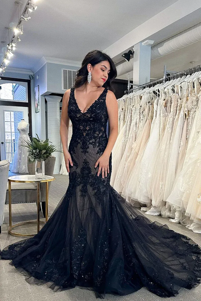 Black Mermaid V Neck Lace Appliques Prom Dresses,BD930875