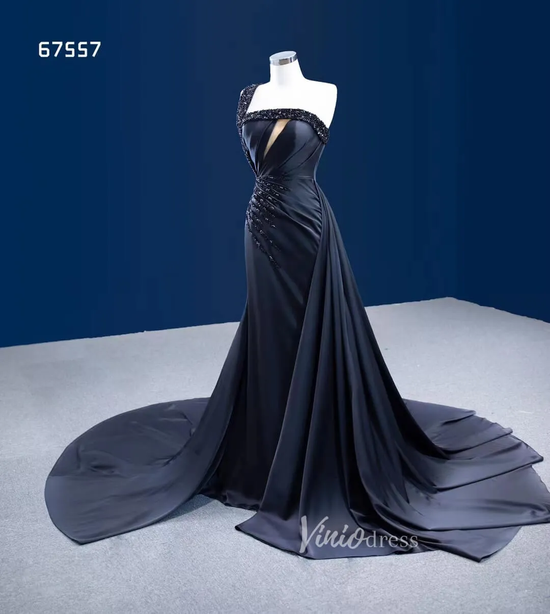 Black Satin Overskirt Wedding Dress One Shoulder Mermaid Pageant Dresses 67557