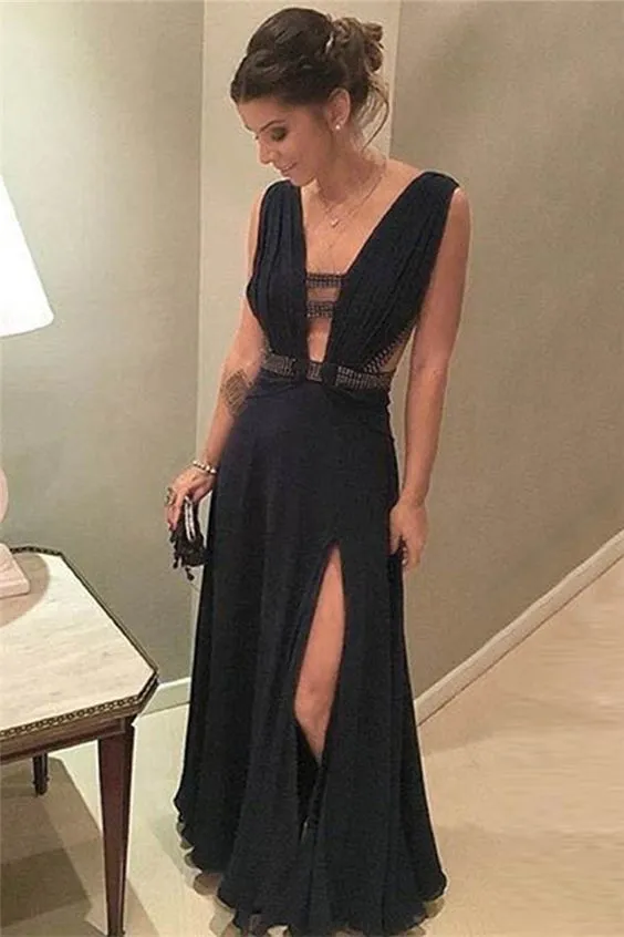 Black Sexy Side Split Online Simple Cheap Long Prom Dresses, WG1036