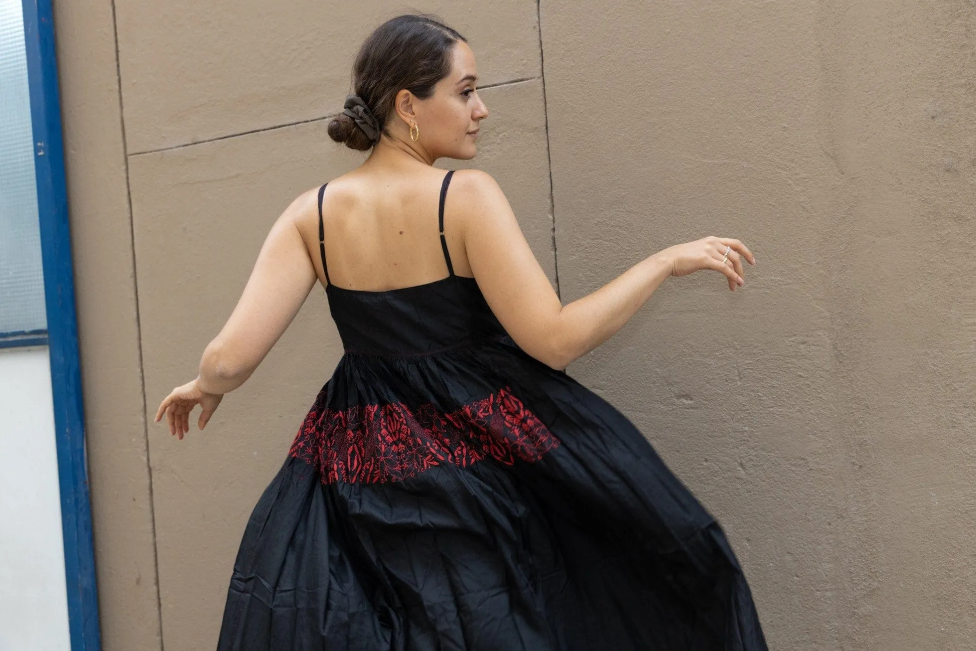 Black Silk Dress with Red Hand-Embroideries