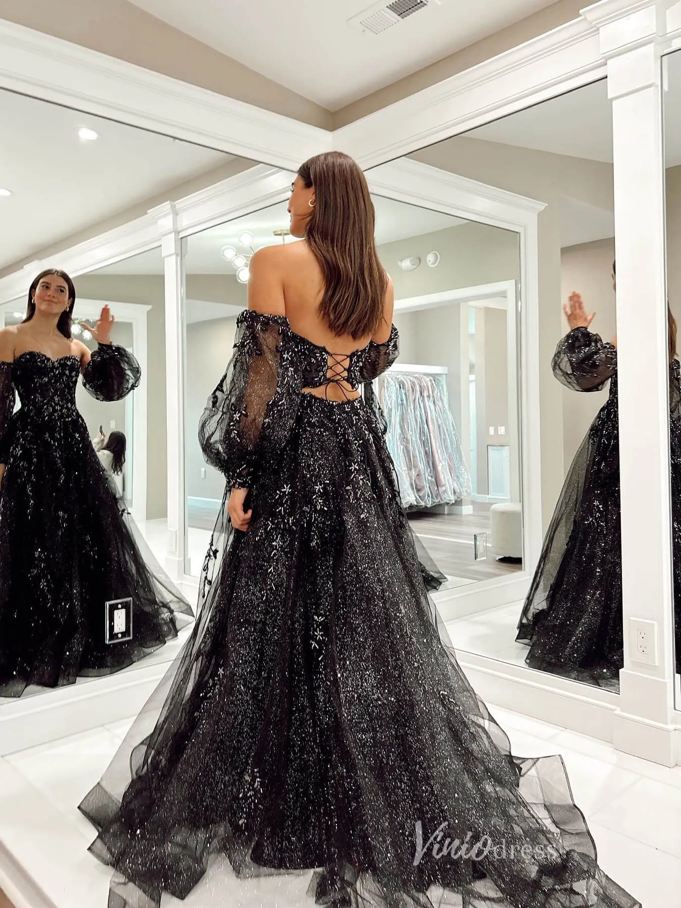 Black Strapless Beaded Lace Prom Dresses Sparkly Tulle Removable Long Puffed Sleeve  FD3973