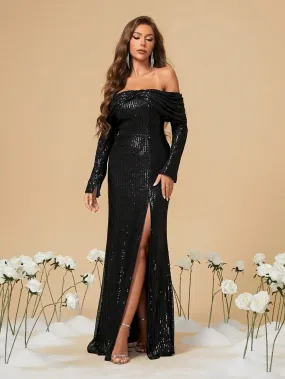 Black Strapless Sequin Long Sleeve Party Dress