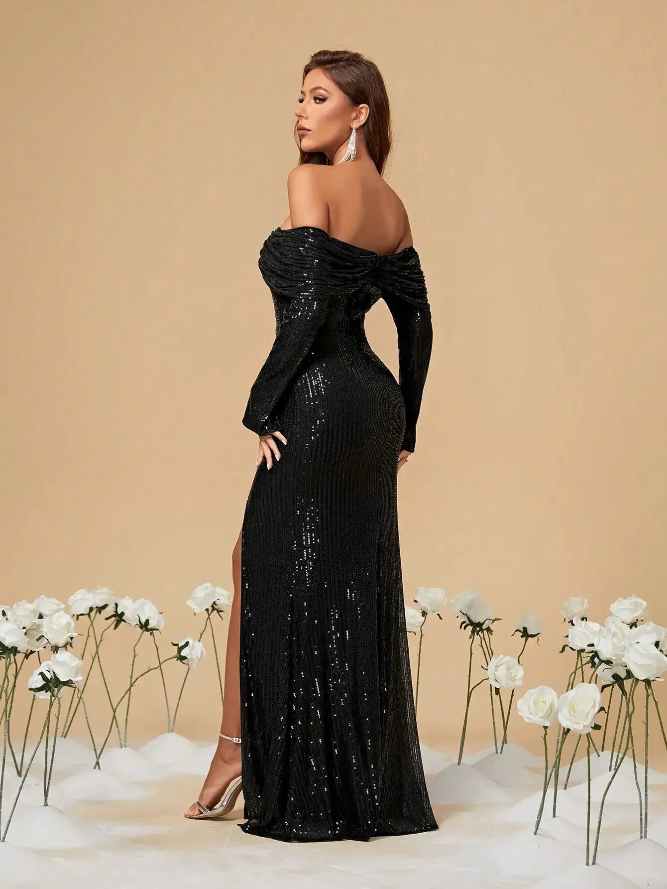 Black Strapless Sequin Long Sleeve Party Dress