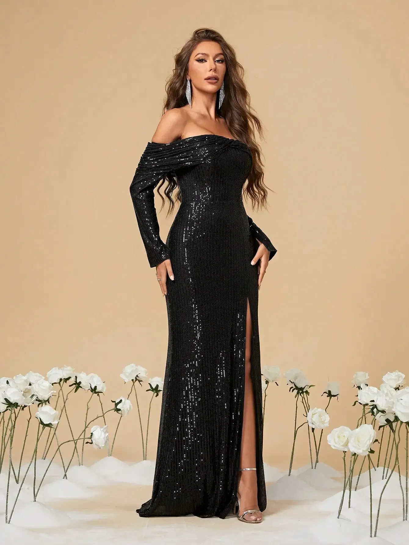 Black Strapless Sequin Long Sleeve Party Dress