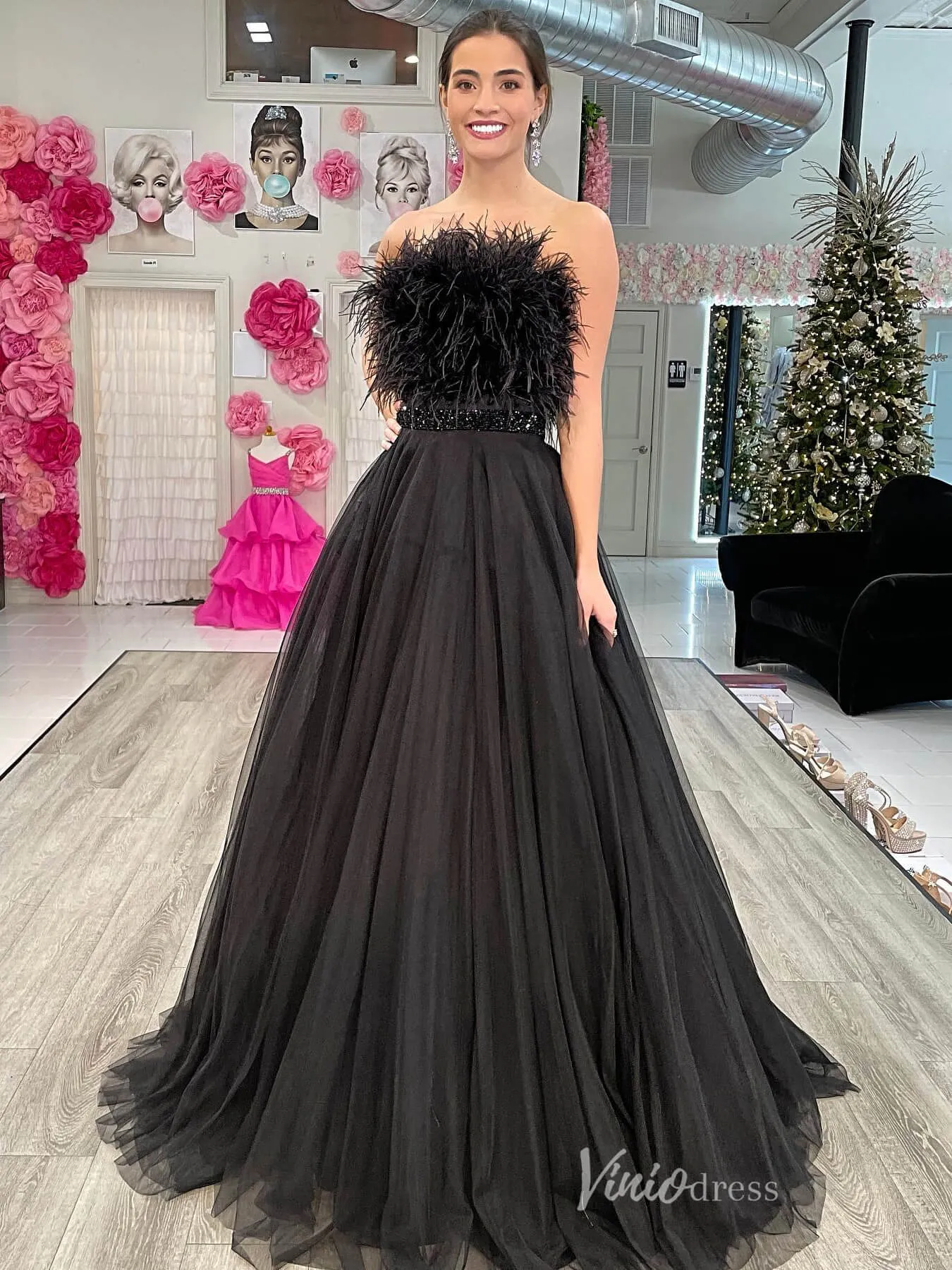 Black Strapless Tulle Prom Dresses Feather Bodice Beaded Waist FD3989