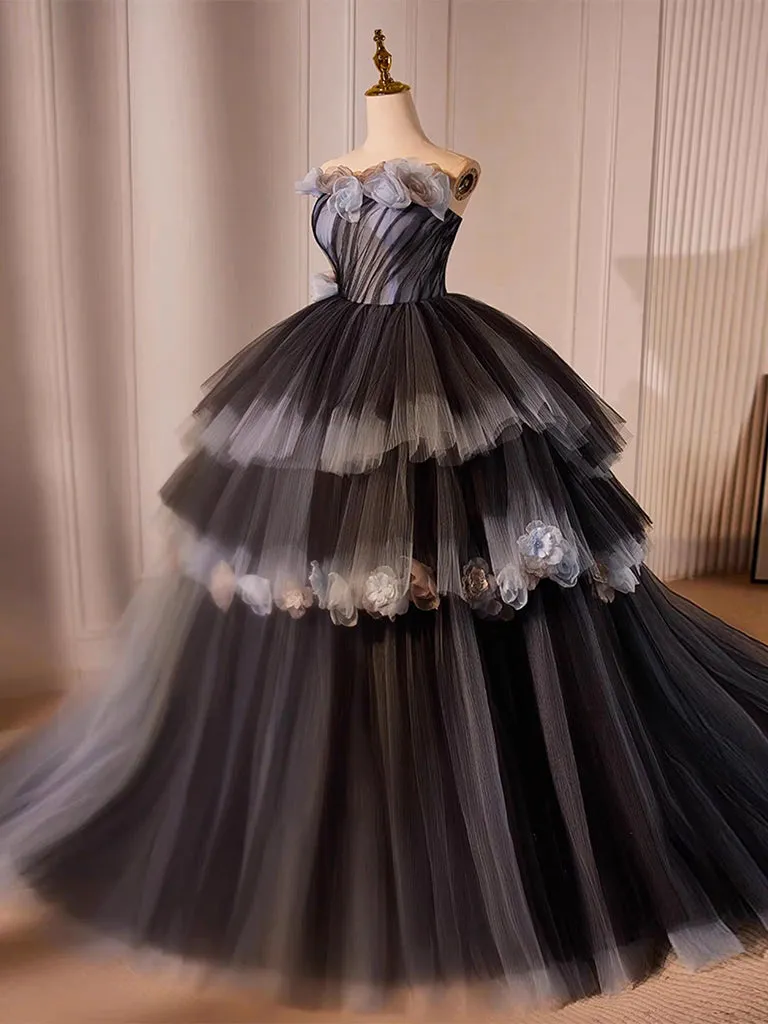 Black Tulle Flower Long Prom Gown, Black Sweet 16 Dress