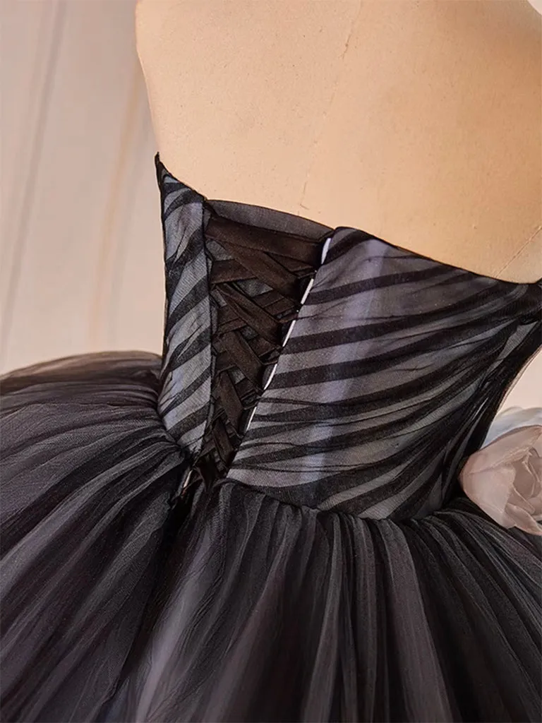 Black Tulle Flower Long Prom Gown, Black Sweet 16 Dress