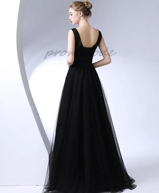 Blcak Round Neck Long Prom Dresses With Embroidery, Evening Dresses,Party Dresses,PDY0350