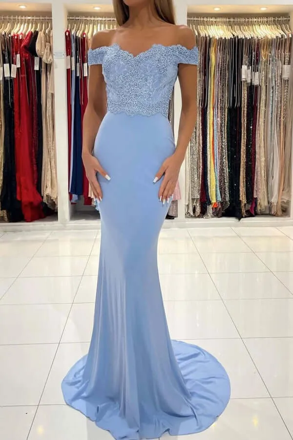 Blue Chiffon Mermaid Lace Off the Shoulder Prom Dresses, Evening Dresses,BD930776