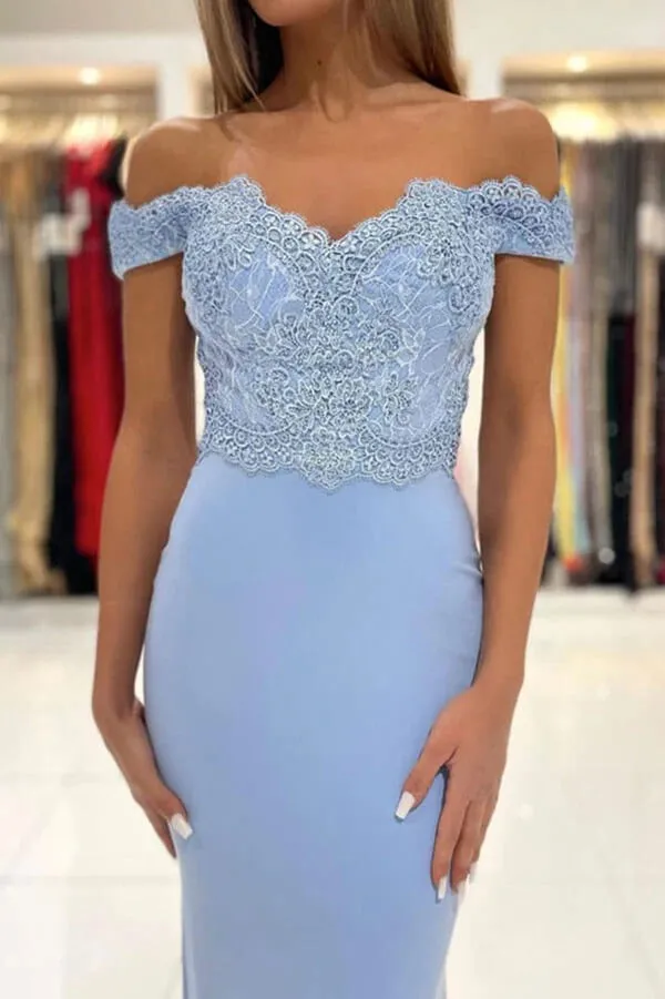 Blue Chiffon Mermaid Lace Off the Shoulder Prom Dresses, Evening Dresses,BD930776