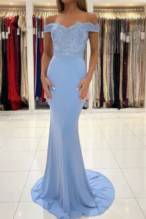 Blue Chiffon Mermaid Lace Off the Shoulder Prom Dresses, Evening Dresses,BD930776