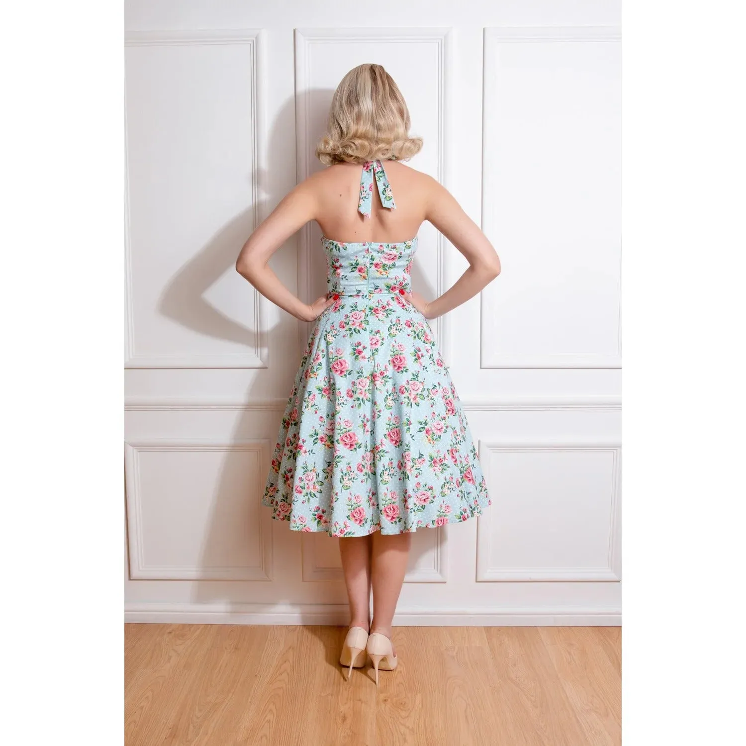 Blue Floral Print Polka Dot Halter Neck 50s Swing Dress