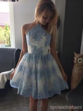 Blue Lace Scoop Neck See Through Cheap Homecoming Dresses 2018, CM414