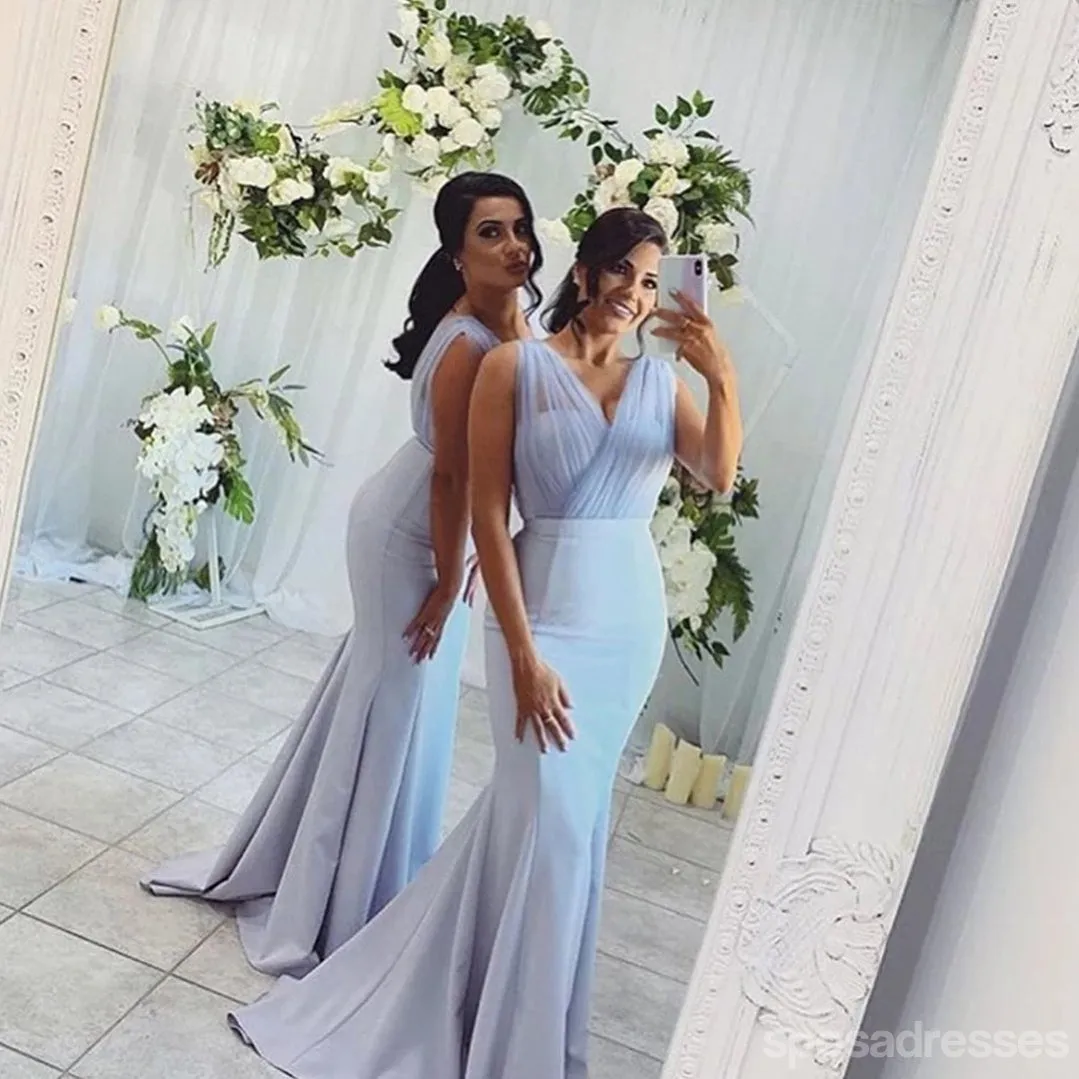 Blue Sexy Mermaid Sleeveless Long Bridesmaid Dresses Gown Online,WG1086