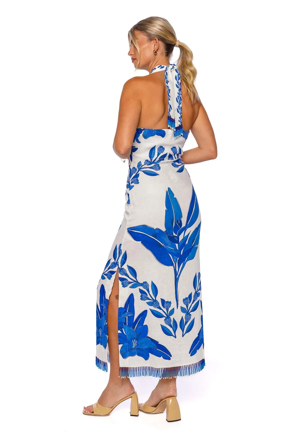 Blue Yard Fringe Trim Halter Maxi Dress