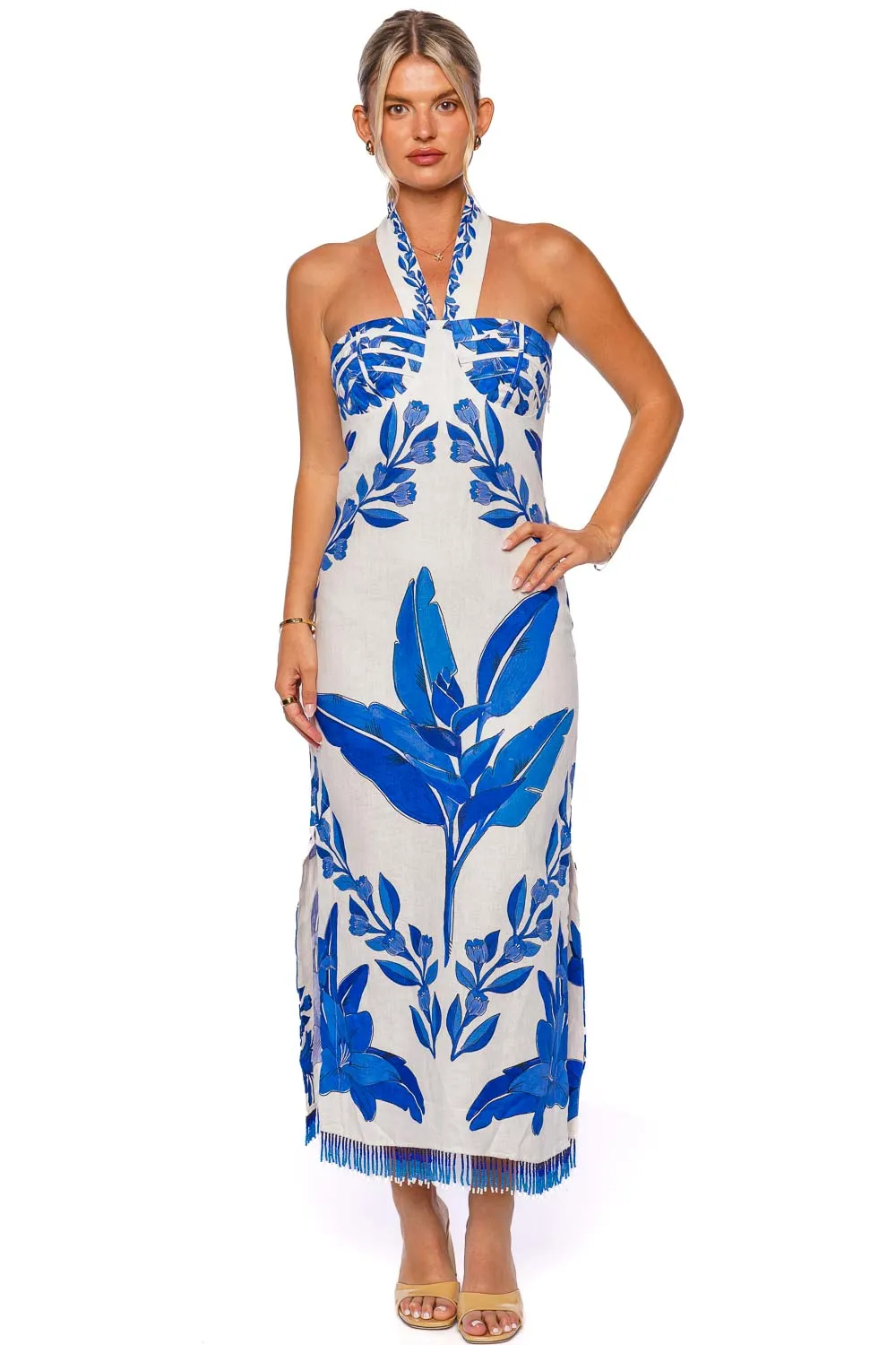 Blue Yard Fringe Trim Halter Maxi Dress