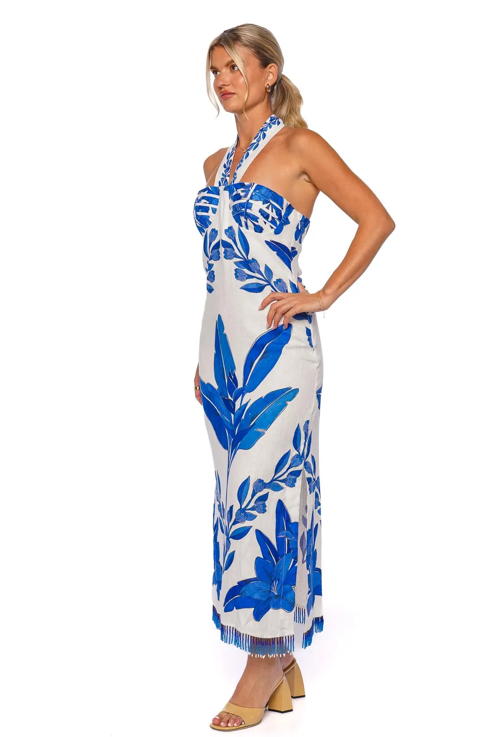 Blue Yard Fringe Trim Halter Maxi Dress