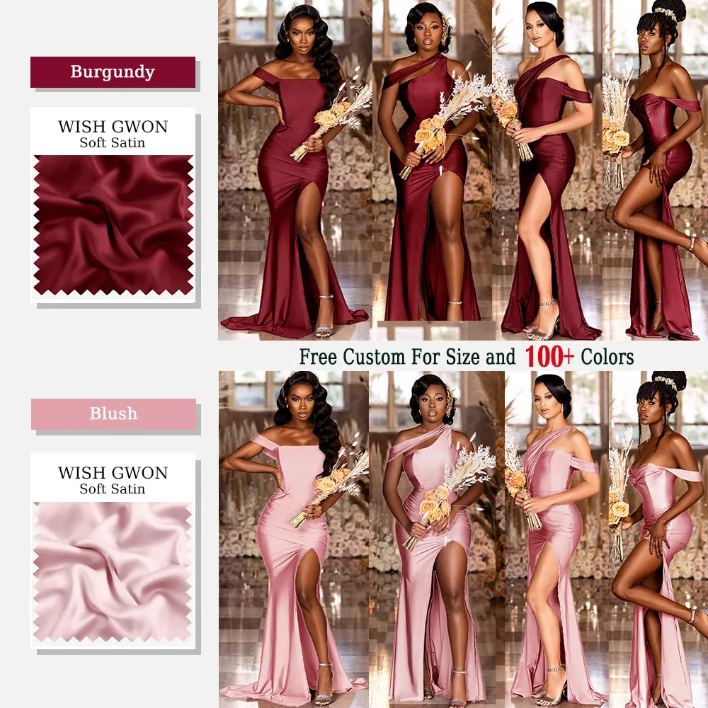 Blush Burgundy Mermaid Sexy High Slit Burnt Brown Satin Long Bridesmaid Dresses, WGM012