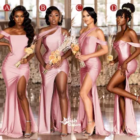 Blush Burgundy Mermaid Sexy High Slit Burnt Brown Satin Long Bridesmaid Dresses, WGM012