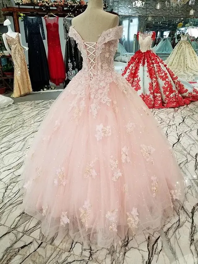 Blush Pink Flowers Tulle Off Shoulder Quinceanera Dresses Ball Gowns