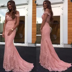 Blush Pink Off Shoulder Lace Beaded Mermaid Evening Prom Dresses, Popular 2018 Party Prom Dresses, Custom Long Prom Dresses, Cheap Formal Prom Dresses, 17208