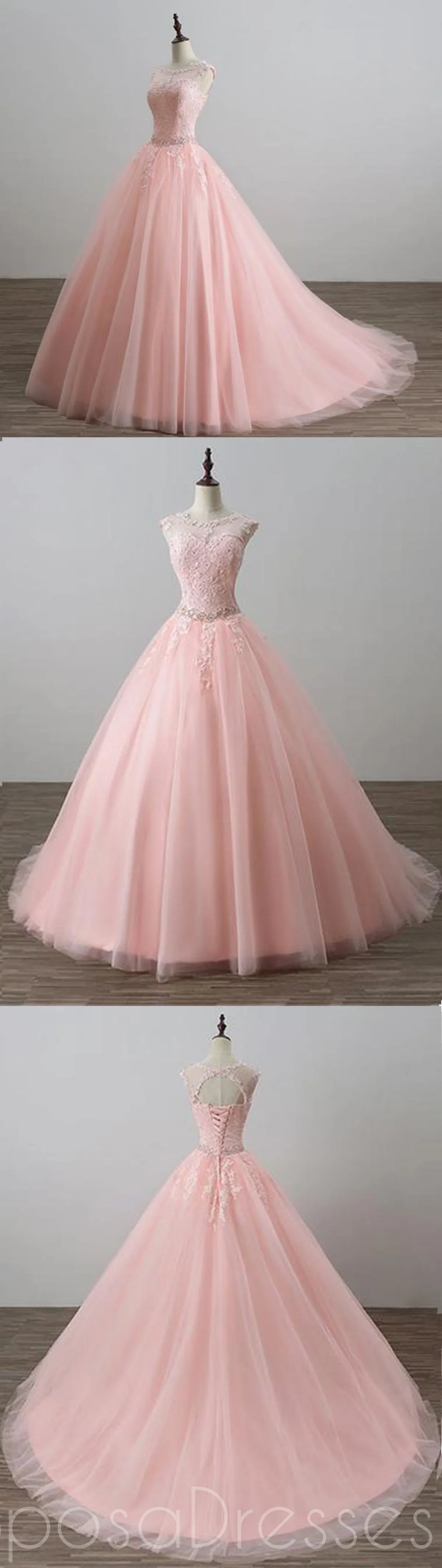 Blush Pink Open Back Lace Illusion A line Skirt Long Evening Prom Dresses, 17555