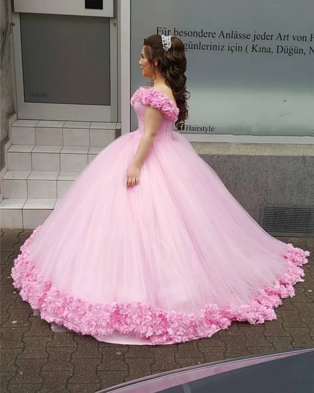 Blush Pink Tulle Ball Gowns Floral Wedding Dresses Off-the-shoulder