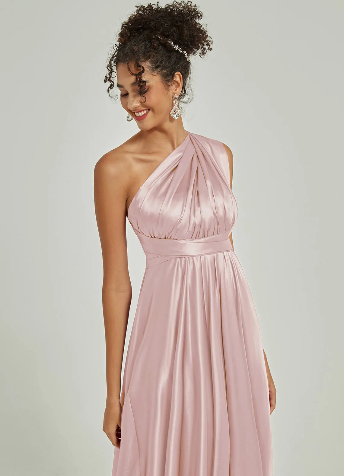 Blush Satin Convertible Bridesmaid Dress Multi Ways Wrap A-Line Gowns