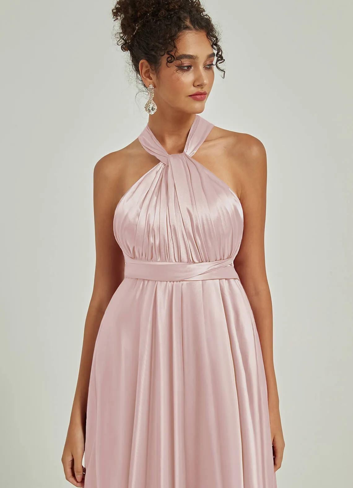 Blush Satin Convertible Bridesmaid Dress Multi Ways Wrap A-Line Gowns