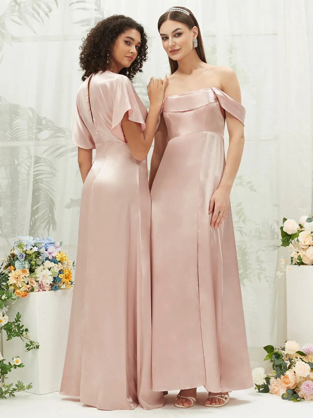 Blush Satin Convertible Slit Floor Length  Bridesmaid Dresses