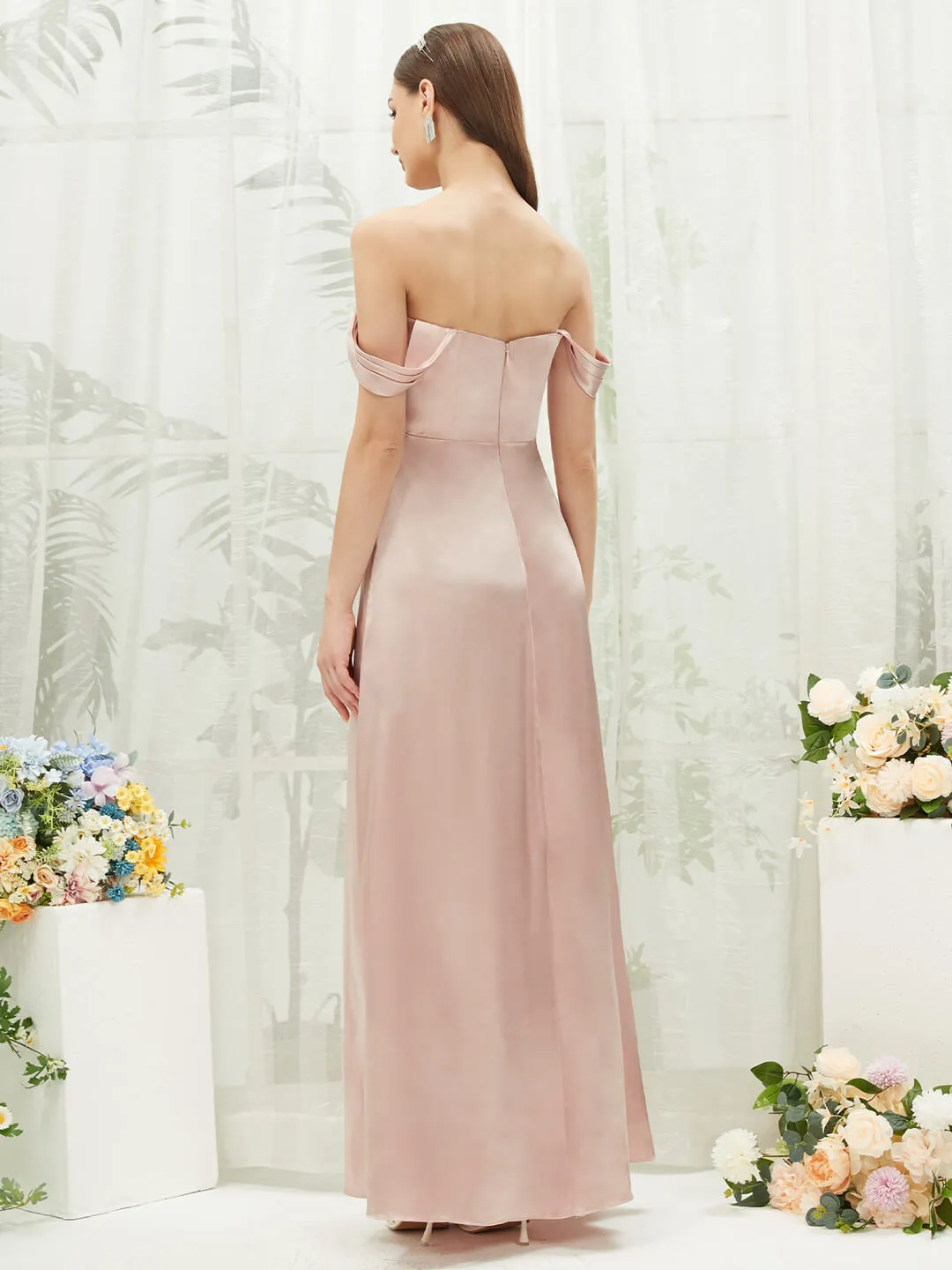 Blush Satin Convertible Slit Floor Length  Bridesmaid Dresses