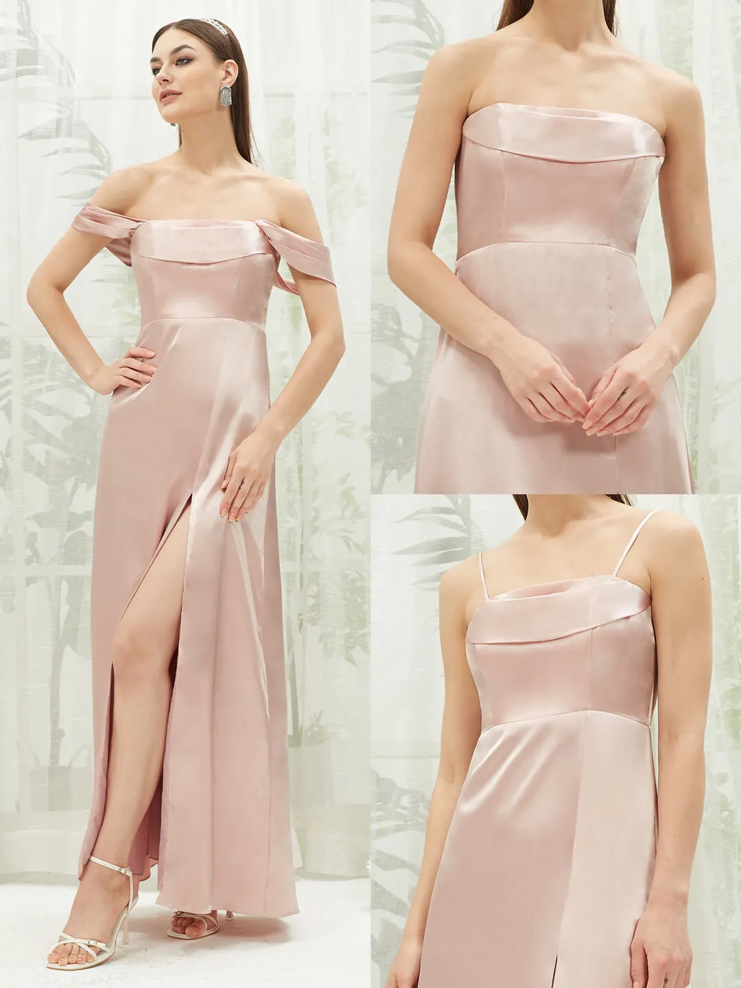 Blush Satin Convertible Slit Floor Length  Bridesmaid Dresses