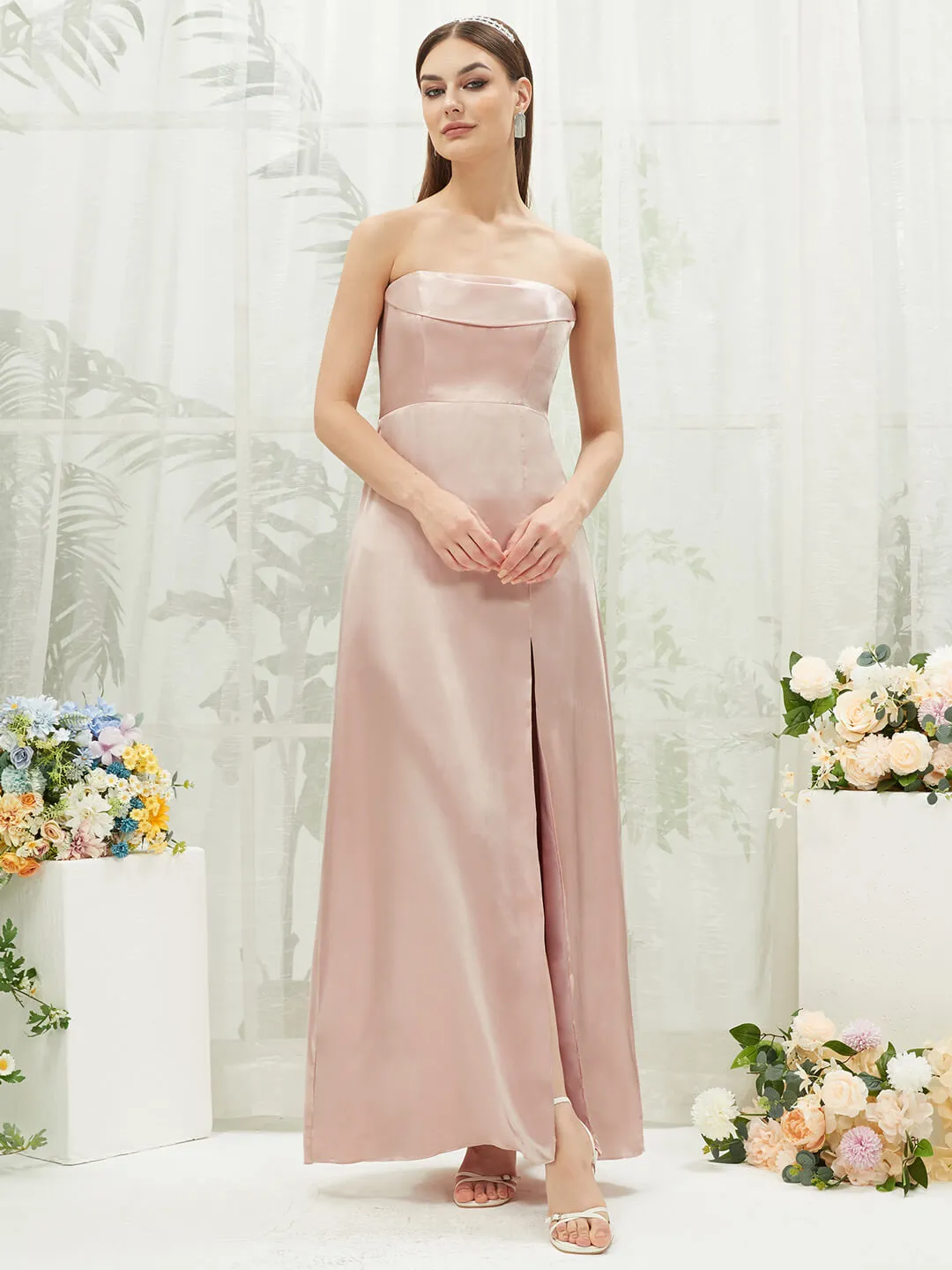 Blush Satin Convertible Slit Floor Length  Bridesmaid Dresses