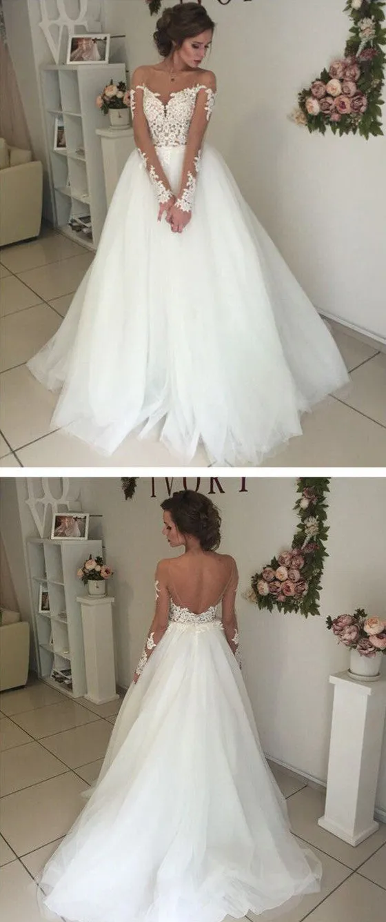 Bridal Unique Applique Long Sleeves Open Back Long Wedding Dresses, WG667