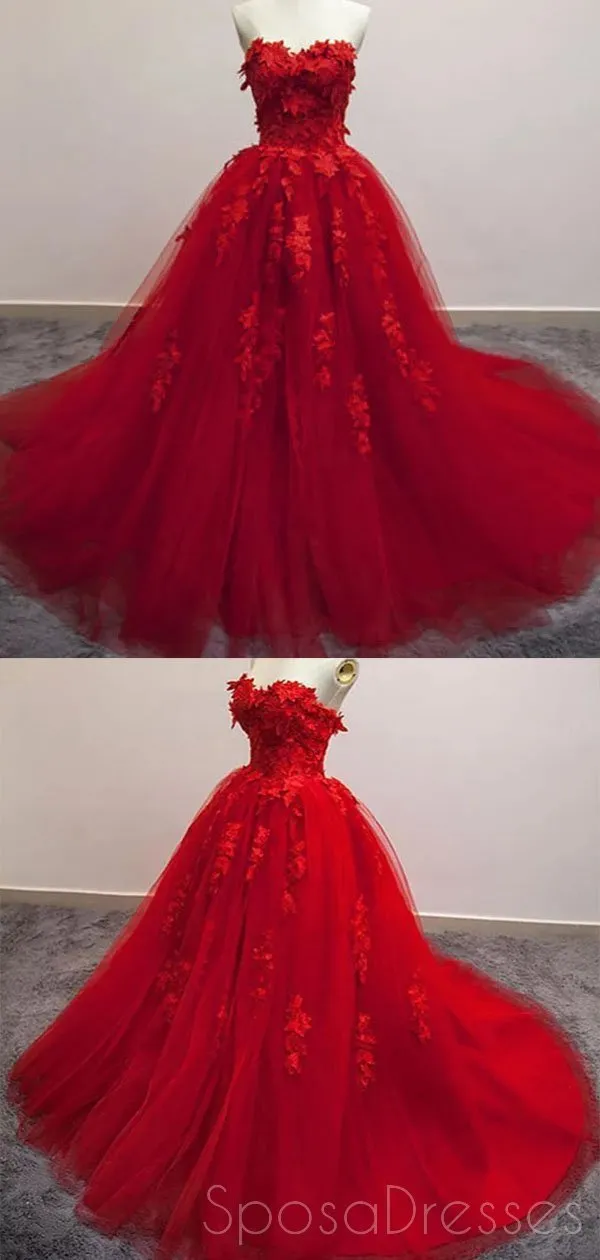 Bright Red Ball Gown Lace Cheap Long Evening Prom Dresses, Cheap Custom Sweet 16 Dresses, 18520